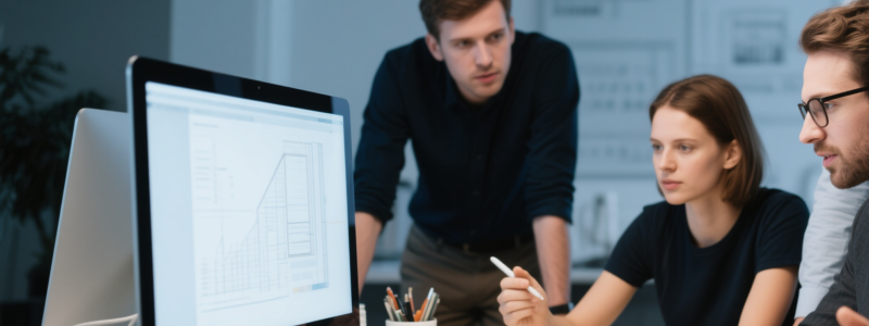 jimeng 2025 09 02 8921 生成一张国外设计团队在电脑面前讨论方案的图片，人物偏右 1